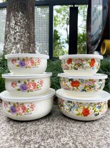 3pcs Enamel Baking & Serving Set, Multi-Functional Sealed Food Storage Containers, Provide 12/14/16 Capacity Storage Containers For Fruits And Vegetables, With Lids, For Fresh Produce, Portable Lunch Box, Freezer , Dishwasher Lunch Box, Patterned Design Fashionable Enamel Bowls With Lids, Soup Bowl, Salad Bowl, Enamel Fridge Container Microwave , Ideal For Home Kitchen, Office, School Lunch, Outdoor Camping Picnic.