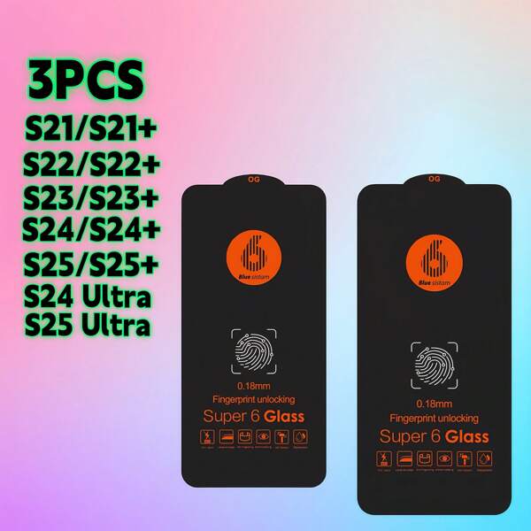 3pcs Fingerprint Unlock Tempered Glass Screen Protector For Galaxy S21 S21+ S22 S22+ S23 S23+ S24 S24+ S24 Ultra S25 S25+ S25 Ultra, Full Coverage, Anti-Scratch, Anti-Fingerprint, 3D Curved, 0.18MM