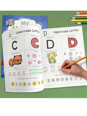 53 páginas Libro para colorear del alfabeto de 26 letras de A-Z, libro de trabajo para el aprendizaje del idioma inglés, palabras fonéticas, alfabeto inglés para escribir y colorear para niños