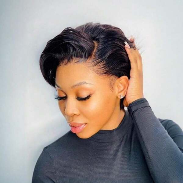 Lace Frontal Short Wig For Human Hair Pixie Cut Wig Human Hair Wigs For Women 13*4*1 T Part Lace Frontal Wig Glueless Wigs For Daily Use Christmas Valentine's Day Cosplay Party Wig Short Wig For Women Human Hair Black Color Wig Short Wigs With Side Part Bangs