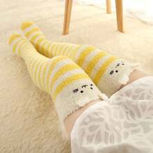 Womens Thigh High Fuzzy Socks Cute Over Knee Stockings Winter Warm Stripe Leg Warmers - Màu vàng - Xem 2