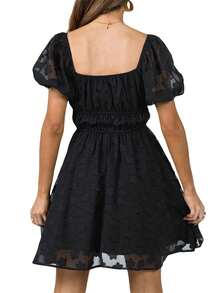 Summer Women's Bubble Sleeve A-Line Dress With Elastic Waist  Lace Trim - Pastel Colors - 黑色 - 查看 2
