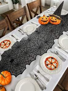 18*72英寸万圣节桌旗黑色蜘蛛网桌旗万圣节装饰室内万圣节装饰蕾丝万圣节桌布蜘蛛网万圣节厨房装饰万圣节派对餐桌装饰 - 黑色 - 查看 1