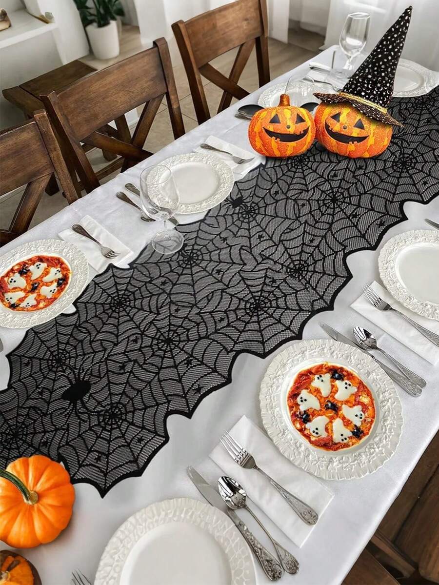 18*72英寸万圣节桌旗黑色蜘蛛网桌旗万圣节装饰室内万圣节装饰蕾丝万圣节桌布蜘蛛网万圣节厨房装饰万圣节派对餐桌装饰 - 黑色 - 查看 1