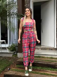 Women's Colorful Plaid Set - Red - View 2