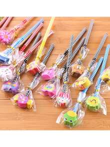 15支卡通铅笔带橡皮擦 + 免费双孔带盖铅笔刀 | 小学生塑料手动铅笔刀，儿童学习用品，幼儿园奖品，可爱创意绘画和素描铅笔，返校礼物