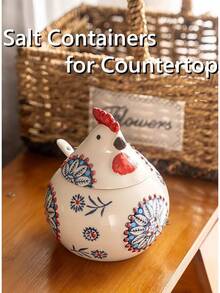 Ceramic Salt Cellar With Lid And Spoon, 13 OZ Large Chicken Salt Jar, Salt Holder For Counter, Coffee, Sugar, Spices And Candies, Salt Containers For Countertop - 藍色 - 查看 7