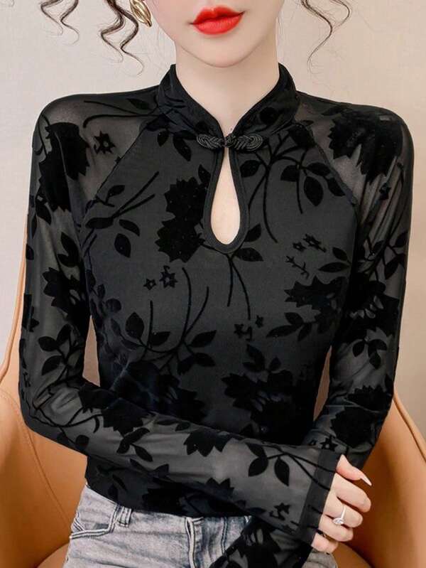 Women's Flocked Lace Thermal Top, Retro Cheongsam Collar Button Up Mesh Long Sleeve Blouse, Stylish Autumn/Winter
