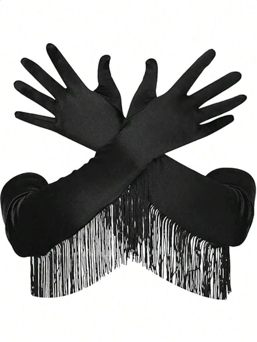 1 双黑色长流苏手套，舞台派对配饰 - 黑色 - 查看 1