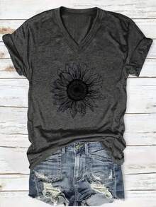 Ladies Graphic Printed V-Neck T-Shirt, Short Sleeve Casual Women's Tops For Summer And Spring, Women's Clothing, Perfect For Holidays And Gifts! - 深灰色 - 查看 1