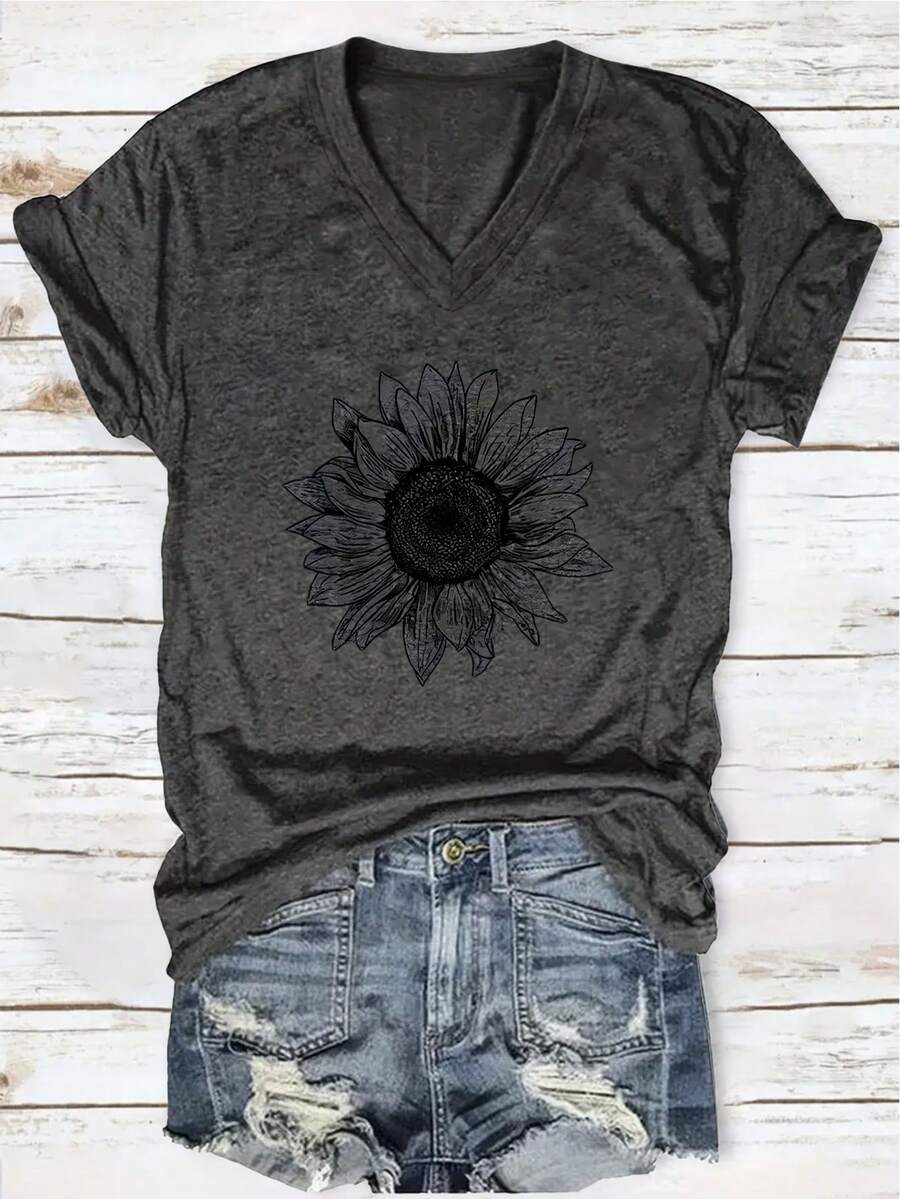 Ladies Graphic Printed V-Neck T-Shirt, Short Sleeve Casual Women's Tops For Summer And Spring, Women's Clothing, Perfect For Holidays And Gifts! - 深灰色 - 查看 1