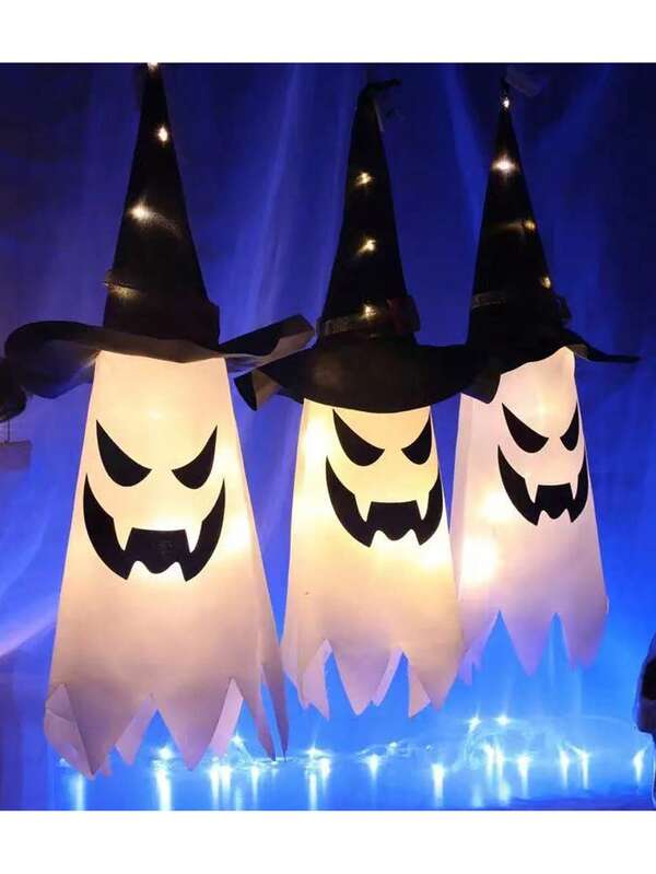 3 PIEZAS Decoraciones de fantasmas brillantes de Halloween, colgantes de sombrero de fantasma brillante, decoraciones de sombrero de mago, guirnaldas de luces de fiesta, decoraciones de jardín de otoño, adecuado tanto para decoraciones de Halloween interiores como exteriores, decoraciones de jardín de Halloween, fiestas temáticas