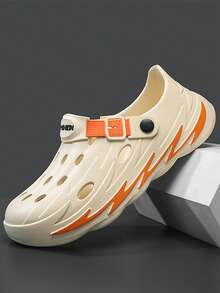 2025 New Summer Men Chunky Sole Non-Slip Durable Low-Top Round Toe Slip-On Soft Bottom Lightweight Comfortable EVA Hollow Hole Men Sandals, Casual Fashion Breathable Beach Flip Flops For Young Students - Khaki - View 1