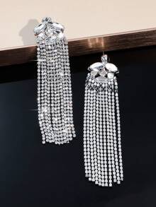 1 Pair High-End Multi-Layer Crystal Rhinestone Long Tassel Earrings, Fashionable Rhinestone Stud Earrings, Party Dress, Daily Versatile, Wedding Dress Earrings - Crystal Rhinestone Tassel Earrings - View 7