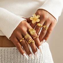 8pcs/Pack Asymmetrical Flower & Geometric Shape Fashion Ring Set, Multilayer Stacking Rings