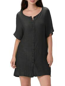 Women Bikini Cover-Ups Solid Color Crew Neck Short Sleeve Button-Down Summer Shirts Mini Beach Dress