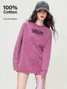 女式复古褪色美式时尚休闲棉质 T 恤 - 0A23(洗水)火龍果紅-YH769黑色 - 查看 1