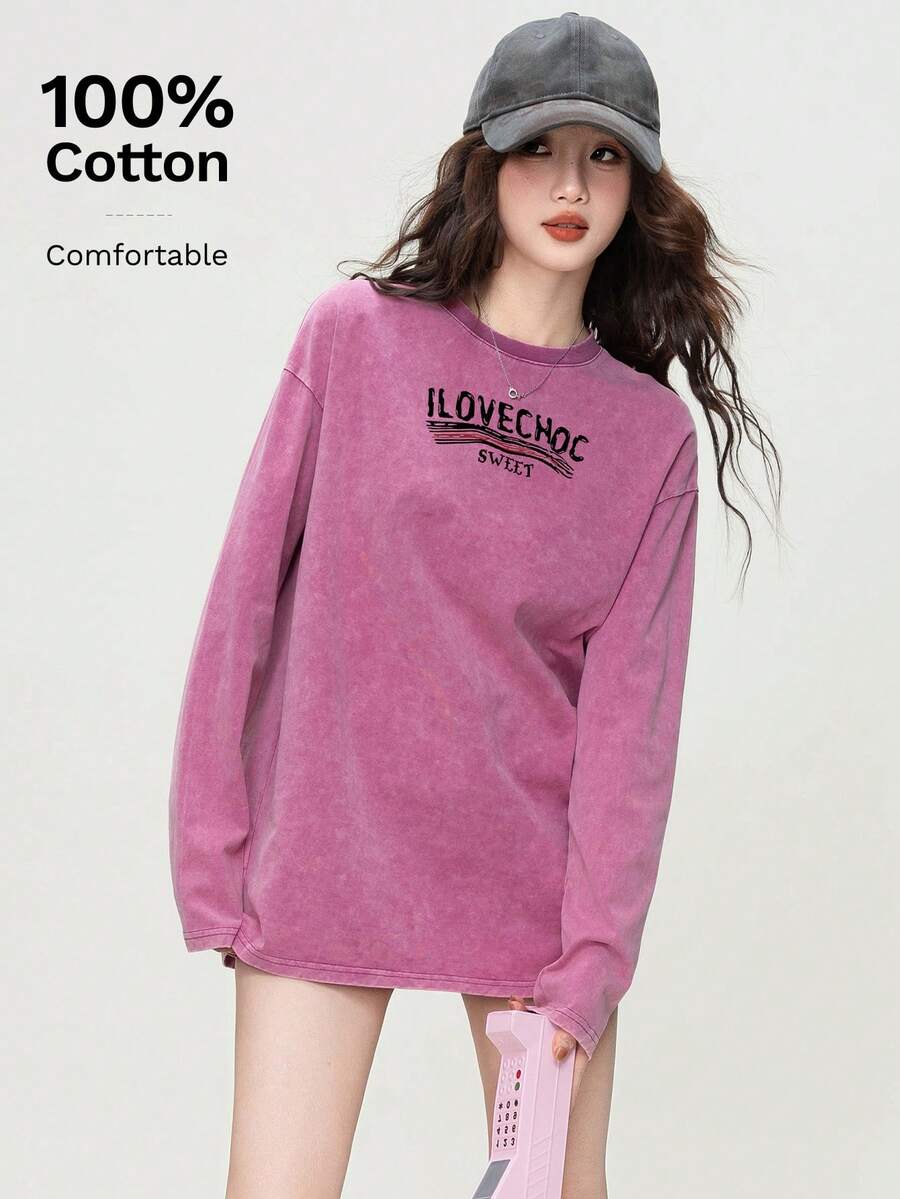 女式复古褪色美式时尚休闲棉质 T 恤 - 0A23(洗水)火龍果紅-YH769黑色 - 查看 1