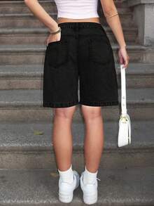 Women's Solid Color Bermuda Denim Shorts, Fashion For Summer Casual Black - Black - View 4