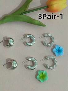 Bộ 3/9 đôi hoa tai hình giọt nước cổ điển đa năng phóng đại hình học, kết cấu dây xoắn hình chữ C, thích hợp cho hàng ngày, tiệc tùng, quà tặng - Bạc - Xem 9