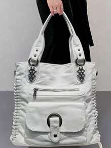 Ladies' Fashionable Retro Casual Cool Handbag, Personalized Y2K Spicy Girl Motorcycle Bag, Street Style Washed Plain Leather Imitation Leather City Bag, Suitable For Work, Commuting, Dating, Party Large Capacity Multi Pocket Single Shoulder Crossbody Bag, Black