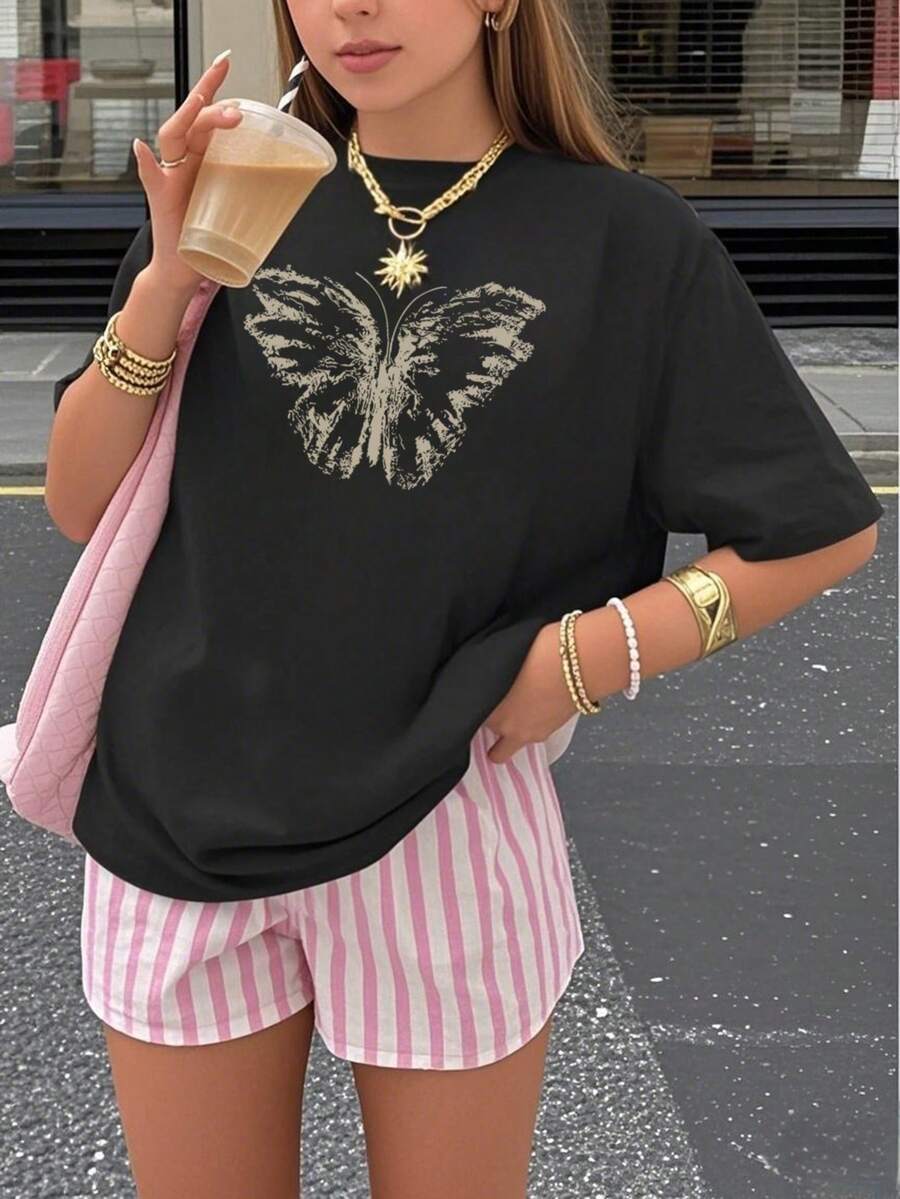 1 件青少年女孩休闲蝴蝶印花圆领短袖 T 恤，夏季学生服装 - 美丽闪亮的鲜艳彩色 T 恤为每个孩子带来欢乐和幸福！