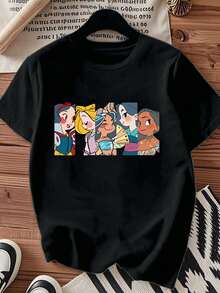 One piece shirts summer tops cotton  clothes women camisas de mujer lindas Camiseta de algodón negro blanca 180g con estampado de Princesas Disneyimpresión de alta calidad en algodóncuello redondocorte holgado básicopara hombres y mujerestranspirableversátillavable a máquinacómodatallas S ~ 3XLdiariacasualdeportivaimprescindible para el verano. - Negro - Ver 1