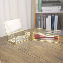 Minimalist Home Decor Desktop Ornament, Transparent Glass With Pure Copper Edging, Embedded Glass Vanity Organizer Box, Cosmetic Display Dust-Proof Jewelry Box - Gold - View 8