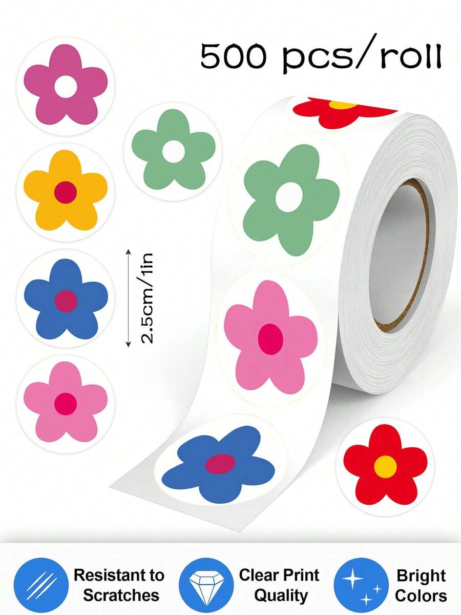 500 pièces/rouleau Autocollants de fleurs colorées, 1 pouce rond, 6 couleurs, enveloppes, cartes, tasses, scrapbooks DIY décor, emballage cadeau autocollant PVC - Multicolore - Voir 1