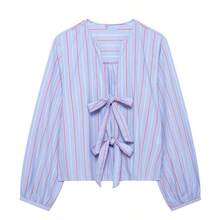 ZEVITY Blusa de gasa a rayas con decoración de lazo para mujer, Blusa casual LS1415