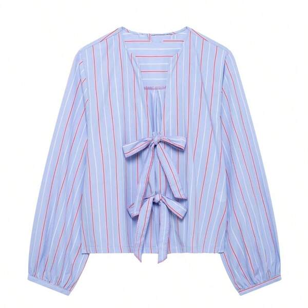ZEVITY Blusa de gasa a rayas con decoración de lazo para mujer, Blusa casual LS1415