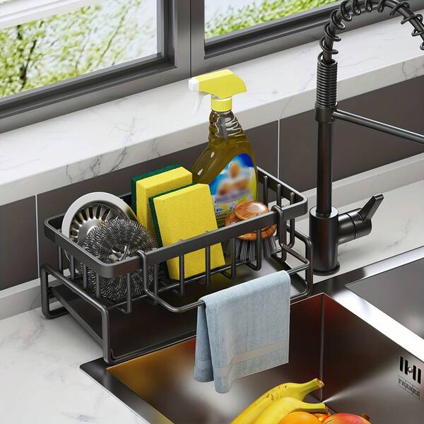 Black/Gray Kitchen Sink Sponge Rack With Automatic Drainage Tray, Rust Proof Stainless Steel Kitchen Sink Storage, Self Draining Dishwashing Soap Sponge Rack Suitable For Counters