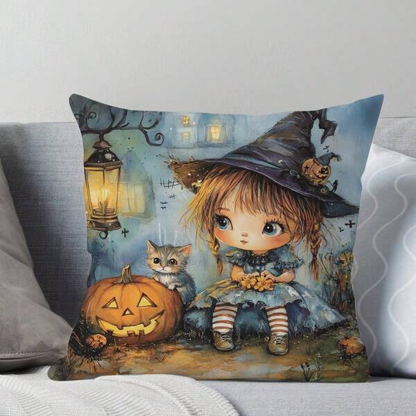 1 pièce Taie d'oreiller thème Halloween. Les motifs d'une petite fille, d'un chat et d'une citrouille créent une atmosphère festive et décorent la taie d'oreiller. Convient pour décorer les canapés, les lits, les voitures et d'autres scènes, peut être utilisé toute l'année, peut améliorer l'esthétique de la maison. (Hors rembourrage de l'oreiller)