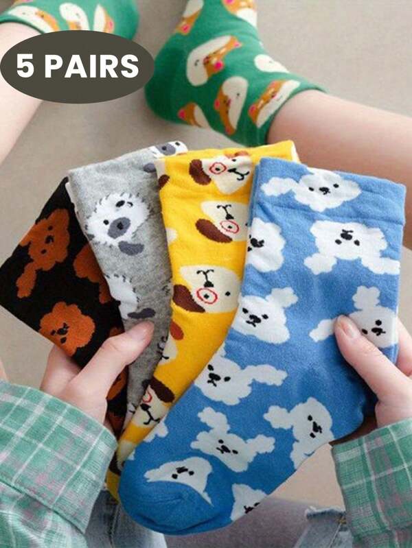 5 Pairs Of Cartoon Cute Little Dog Women's Crew Socks, Mid Length Socks