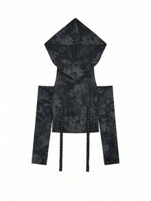 做旧手工露肩短款连帽T恤，长袖，修身剪裁，女士休闲春季个性化短款上衣 - 彩色 - 查看 3