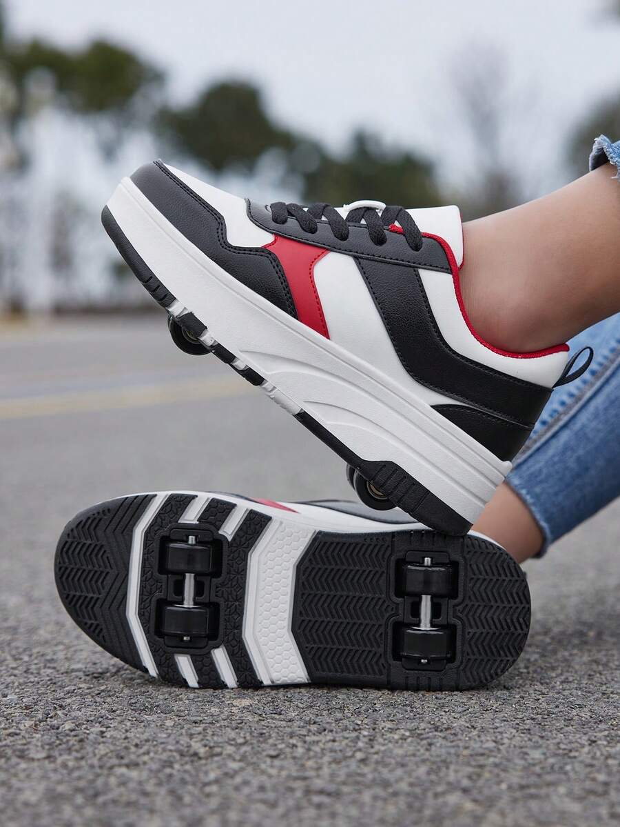 [青少年] 可拆卸滑轮鞋，酷炫街头风格，减震TPR鞋底，透气PU鞋面，系带安全设计，适合6-18岁男孩和女孩的运动滑轮鞋