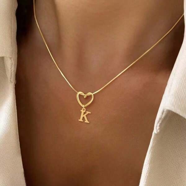 1pc New Gold Color Hollow Heart Initial Pendant Stainless Steel Herringbone Chain Necklace For Women