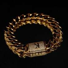 New Capital Letter A-Z Letter Curb Link Miami 14MM Bracelet Initial 18K Gold Plated Stainless Steel Hip Hop Diamond Cuban Chain CZ Detail Women&Men's Alphabet Jewelry Name - 金8.5寸 - 查看 1