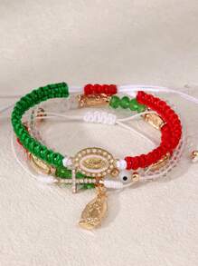 Juego de 4 piezas, pulsera de mujer ajustable con la Virgen María, serie de moda de México, pulsera tejida en rojo, blanco y verde