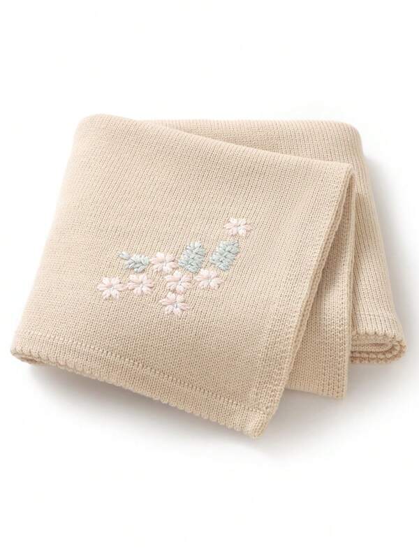 1pc Knit Baby Blanket With Embroidery Decoration, Sweet And Simple, Suitable For All Seasons, For Infants