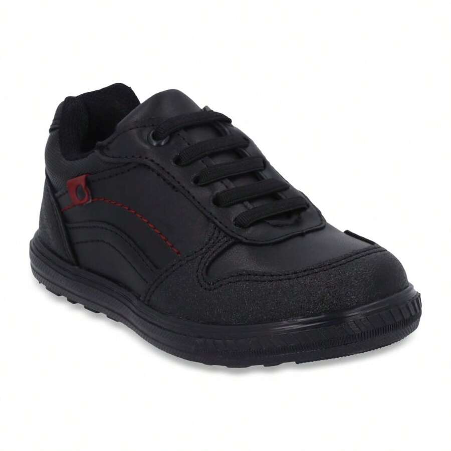 Zapato Escolar Negro Para Niño Con Cintas Elásticas Detalle Rojo Suela De Piso Corte Sintético Cómodo Y Fácil De Colocar - Negro - Ver 1