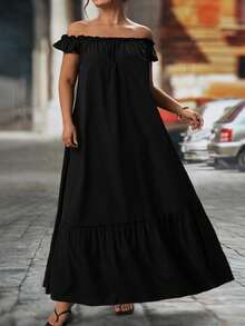 1件加大码纯色梭织面料荷叶边下摆休闲连衣裙，适合度假和所有季节，黑色夏季优雅款 - 黑色 - 查看 2