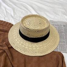 1pc Women's Vintage Flat Straw Hat - Wide Brim, Breathable Elastic Fit, Natural Beige & Black For Beach Vacation Travel Summer Outdoors - Perfect Gift, Two-Color Design - 彩色 - 查看 8