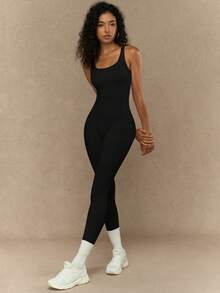 Yefecy 女士简约纯色无袖连体裤，适合日常锻炼，全身塑身连体裤 - 黑色 - 查看 3