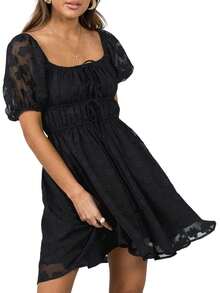 Summer Women's Bubble Sleeve A-Line Dress With Elastic Waist  Lace Trim - Pastel Colors - 黑色 - 查看 3