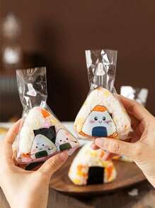 50个可爱卡通三角形寿司模具袋 - 自封，塑料饭团包装，适用于便当和饭团，海藻饭团寿司袋