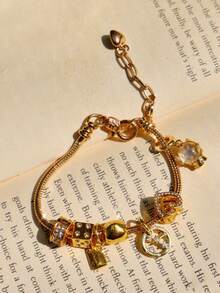 1pc Zodiac Charm Bracelet, 1pc Fashion Metal Crystal Ball Bracelet, 1pc Vintage Heart Bracelet, 1pc Gold Envelope DIY Bracelet - Gold - View 5
