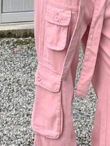Multi Pocket Loose Slim Straight Pants  Plain    Casual    Zipper    Daily - 粉色 - 查看 3