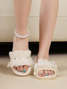 秋冬蕾丝面料时尚仿珍珠女士室内拖鞋，春秋新款女士家居拖鞋，毛绒拖鞋 - 米色 - 查看 4