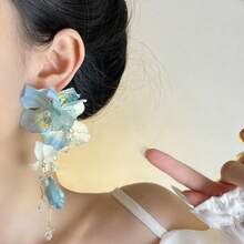 1 件原创花卉流苏耳夹，无需穿孔，精致女式耳夹，高端感觉，春夏婚礼的完美时尚礼物